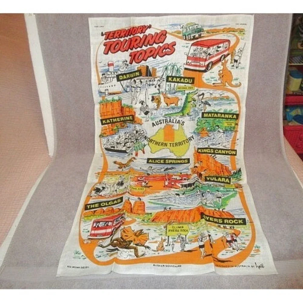 Vtg Australia Linen Souvenir Tea Towel Kangaroo Wildlife Joey Scenic Travel 31